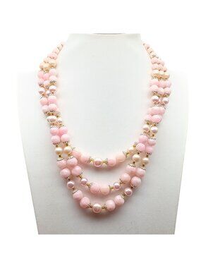 Vintage Multi-Strand Pink Bead & Faux Pearl Necklace with Golden Accents